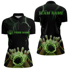 Maxcorners Black And Green Thunder Lightning Custom Bowling Polo Shirts For Women, Bowling Team Uniform