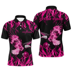 Maxcorners Custom Black And Pink Flame Eagle Bowling Team Men Polo Shirts, Eagle Bowling League Shirt