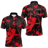 Maxcorners Black And Red Custom Valentines Day Bowling Polo Shirts, Bowling Couple Shirt