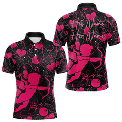 Maxcorners Black And Pink Custom Valentines Day Bowling Polo Shirts, Bowling Couple Shirt