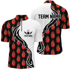 MaxCorners Bowling Ball And Pins Flame Multicolor Option Customized Name, Team Name 3D Stand Collar Zipper Polo Shirt