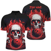 MaxCorners Bowling And Pins Vintage Skull Flame Muticolor Customized Name, Team Name 3D Stand Collar Zipper Polo Shirt For Men