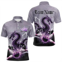 Maxcorners Custom Purple Thunder Lightning Dragon Bowling Polo Shirts For Men, Bowling Team Uniform