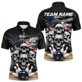 Maxcorners Custom Us Flag Skull Bowling Team Polo Shirts For Men And Women, Patriotic Bowling League Shirt
