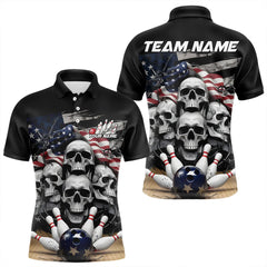 Maxcorners Custom Us Flag Skull Bowling Team Polo Shirts For Men And Women, Patriotic Bowling League Shirt