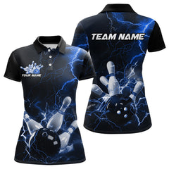 Maxcorners Custom Black And Blue Thunder Lightning Bowling Tournament Polo Shirts For Men