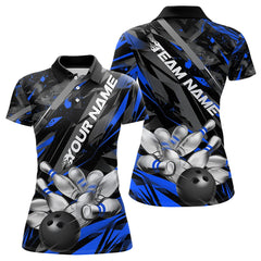 Maxcorners Custom Black And Blue Bowling Polo Shirts For Men, Bowling Tournament Team Uniform