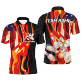 Maxcorners Flame American Flag Custom Bowling Team Shirts For Men And Women, Patriotic Bowling Jerseys