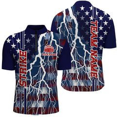 Maxcorners Custom American Flag Thunder Lightning Strike Bowling Team Shirts, Patriotic Unisex Bowling Jersey