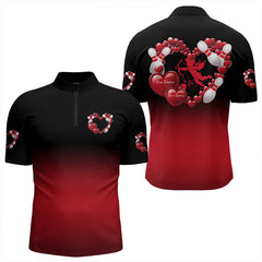 Maxcorners Black And Red Custom Valentines Day Bowling Polo Shirts For Men, Bowling Couple Shirt