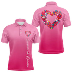 Maxcorners Pink Bowling Heart Custom Valentines Bowling Polo Shirts For Men, Bowling Couple Shirt