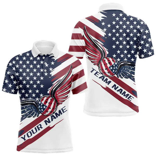 Maxcorners Custom US Flag Patriotic Pickleball Polo Shirts For Men, Pickleball Ball With Wings Shirt