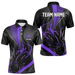 Maxcorners Custom Black And Purple Flame Bowling Polo Shirts For Men, Fire Bowling Team Shirt
