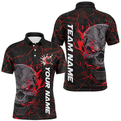 Maxcorners Bowling Ball And Pins Red Flame Skull Customized Name, Team Anme 3D Polo Shirt
