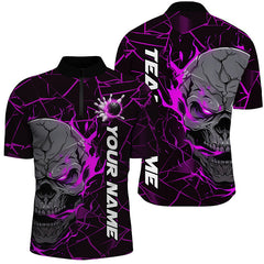 Maxcorners Bowling Ball And Pins Purple Flame Skull Customized Name, Team Anme 3D Polo Shirt