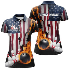 Maxcorners Flaming Bowling Ball Custom Patriotic Bowling Jersey Customized Name, Team Name 3D Shirt