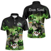 Maxcorners Custom Green Flame Skull Saint Patrick Day Bowling Polo Shirts For Men And Women, Shamrock Bowling