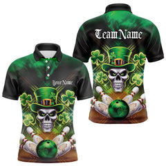 Maxcorners Custom Saint Patricks Day Leprechaun Skull Bowling Polo Shirts, Lucky Bowling Team Shirt