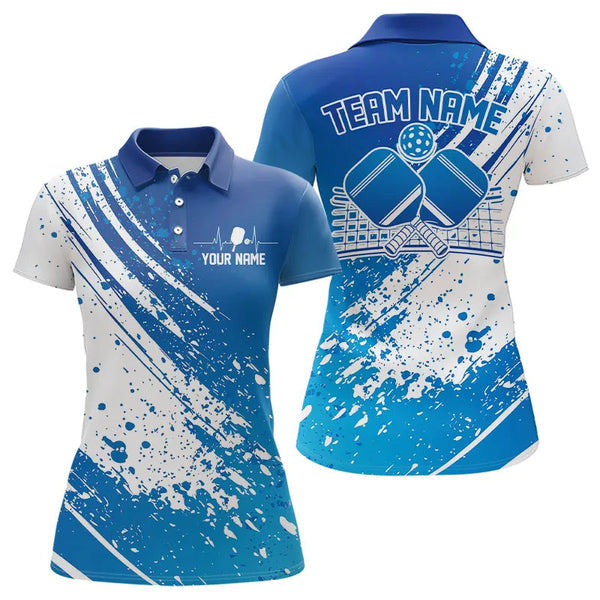 Maxcorners Custom Blue And White Pickleball Polo Shirts For Men, Pickleball Heartbeat Pulse Line Shirt