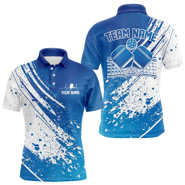 Maxcorners Custom Blue And White Pickleball Polo Shirts For Men, Pickleball Heartbeat Pulse Line Shirt