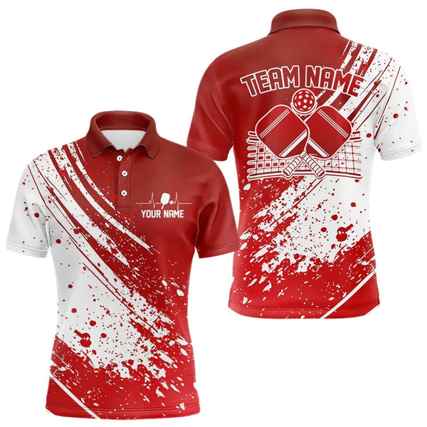 Maxcorners Custom Red And White Pickleball Polo Shirts For Men, Pickleball Heartbeat Pulse Line Shirt