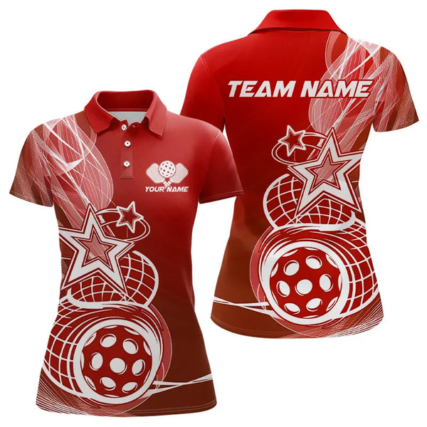 Maxcorners Custom Red Pickleball Star Polo Shirts For Men, Outdoor Pickleball Team Uniform