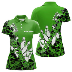Maxcorners Custom Green Camo Strike Bowling Polo Shirts For Men, Strike Team Bowling League Shirt Shirt
