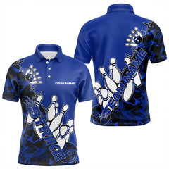 Maxcorners Custom Blue Camo Strike Bowling Polo Shirts For Men, Strike Team Bowling League Shirt Shirt
