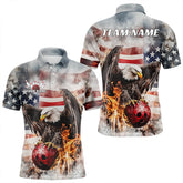 Maxcorners Custom Vintage US Flag Eagle Bowling Polo Shirts For Men, Flame Eagle Patriotic Bowling Shirt