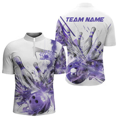 Maxcorners Custom White And Purple Custom Bowling Polo Shirts For Men, Bowling Tournament Team Shirt