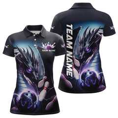 Maxcorners Blue And Purple Lightning Custom Dragon Bowling Polo Shirts For Women, Bowling Team Uniform