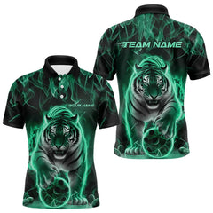 Maxcorners Custom Black And Green Flame Tiger Bowling Team Polo Shirts For Men, Fire Bowling Jerseys