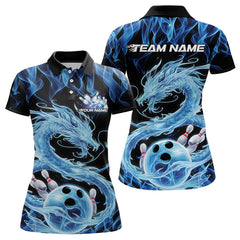 Maxcorners Black And Blue Custom Flame Dragon Bowling Polo Shirts For Women, Bowling League Shirt