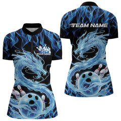 Maxcorners Black And Blue Custom Flame Dragon Bowling Polo Shirts For Women, Bowling League Shirt