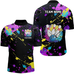 MaxCorners Bowling And Pin Colorful Paint Customized Name 3D Stand Collar Zipper Polo Shirt Unisex