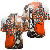 MaxCorners Bowling And Pins Paint Flame Mutilcolor Customized Name, Team Name 3D Stand Collar Zipper Polo Shirt For Men