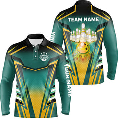 Maxcorners Bowling Polo Shirts Custom Green And Yellow For Men Bowling Ball Pins Team Jerseys Bowling Apparel