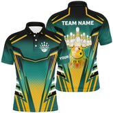 Maxcorners Bowling Polo Shirts Custom Green And Yellow For Men Bowling Ball Pins Team Jerseys Bowling Apparel