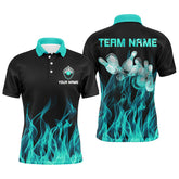 Maxcorners Personalized Polo Bowling Shirt Turquoise Flame Bowling Ball Pins Bowling Jerseys For Men And Women Bowler