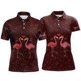 Maxcorners Funny Flamingo Red Heart Pattern Matching Golf Shirt For Couple Custom His And Her Valentine Golf Tops For Men And Women
