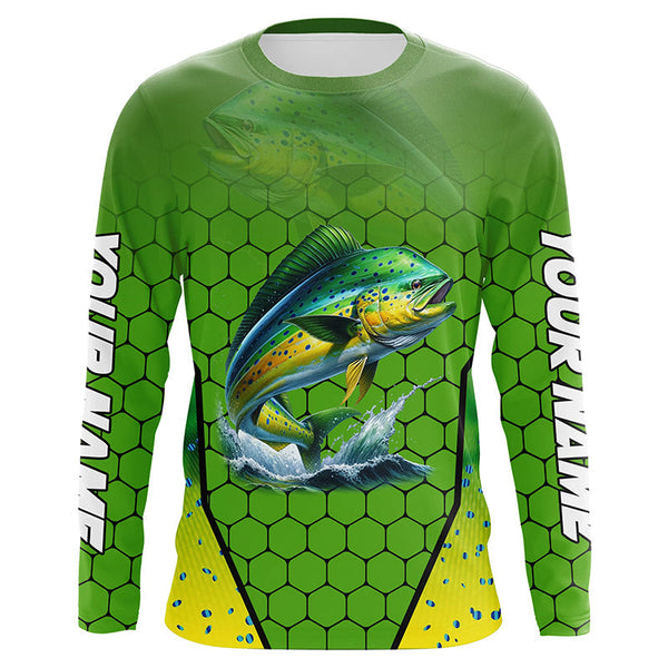 Maxcorners Personalized Mahi mahi green scales Performance Long Sleeve Fishing Shirts, Tournament Fishing Jerseys MT2108