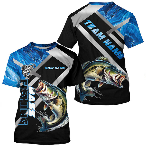 Maxcorners Personalized blue camo Largemouth Bass Long Sleeve Fishing Shirts, Bass Tournament Fishing Jerseys MT2108