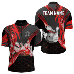 Maxcorners Black And Red Light Hexagon Pattern Bowling Polo, Quarter Zip Shirt For Men Custom Team Bowling Jersey