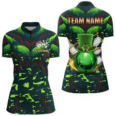 Maxcorners Personalized Green Camo Bowling Polo, 1/4 Zip Shirts For Men Custom St Patrick Day Bowling Team Jersey