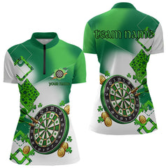 Maxcorners Green Shamrock Mens Darts Polo, Quarter Zip Shirts Custom St Patrick Day Team League Darts Jersey