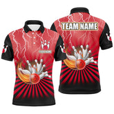 Maxcorners Bowling Ball And Pins Red Lightning Storm Vintage Customized Name, Team Anme 3D Polo Shirt