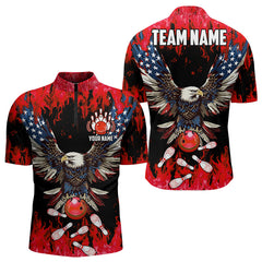 Maxcorners Red Flame Mens Bowling Shirts Custom American Flag Eagle Team Bowling Shirts, Gift For Bowlers