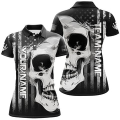 Maxcorners Bowling And Pins Skull American Flag Bowler Jerseys Customized Name, Team Name 3D Polo Shirt