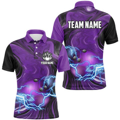 Maxcorners Bowling Ball And Pins Purple Camo Lightning Thunder Customized Name, Team Name 3D Polo Shirt Unisex