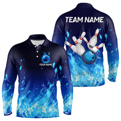 Maxcorners Blue Flame Fire Bowling Polo, Quarter Zip Shirts for Men Custom Bowling Team jerseys, Bowling Outfits